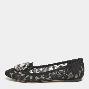 مملوكة مسبقًا Dolce & Gabbana Black Lace Taormina Crystals Ballet Flats Size 37.5