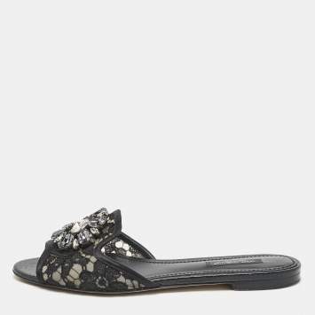 Pre Owned Dolce & Gabbana Black Lace Sofia Crystals Slide Flats Size 37