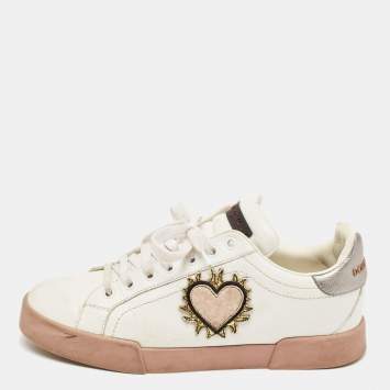 Pre Owned Dolce & Gabbana White Leather Love Applique Portofino Low Top Sneakers Size 40