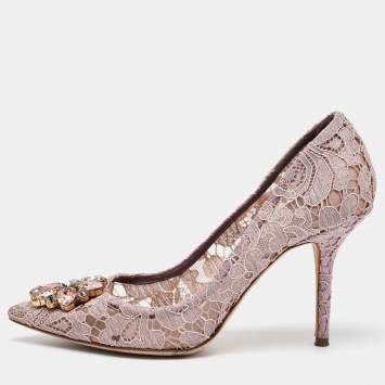 Pre Owned Dolce & Gabbana Dusty Pink Lace Bellucci Crystal Embellishment Pumps Size 39