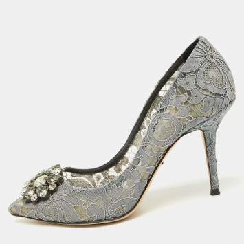 Pre Owned Dolce & Gabbana Grey Lace Bellucci Crystal Embellishment Pumps Size 39.5