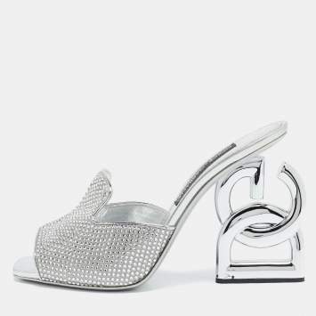 Pre Owned Dolce & Gabbana Silver Satin Crystal Embellished Keira Slide Sandals Size 41
