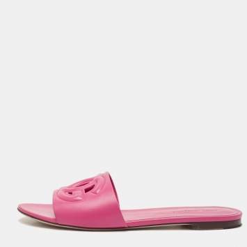 Pre Owned Dolce & Gabbana Pink Leather DG Logo Flat Slides Size 41
