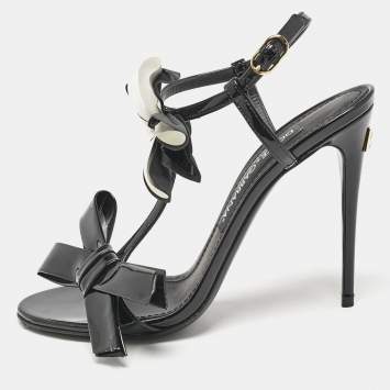 Pre Owned Dolce & Gabbana Black/White Patent Flower Slingback Sandals Size 37