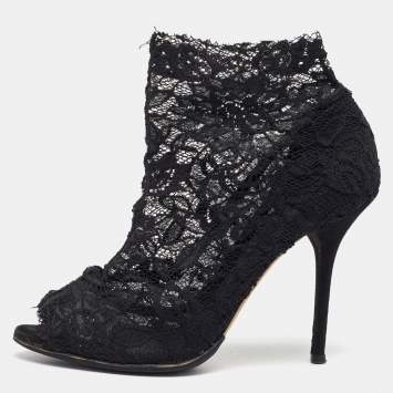 Pre Owned Dolce & Gabbana Black Lace Open Toe Ankle Boots Size 40