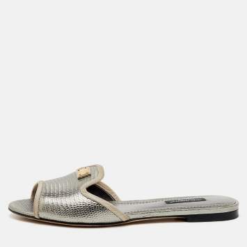 Pre Owned Dolce & Gabbana Silver Iguana Laminated Leather Flat Slide Sandals Size 36.5