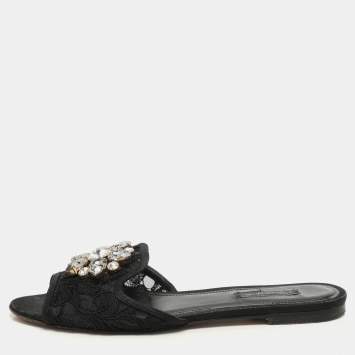 Pre Owned Dolce & Gabbana Black Lace Crystal Embellished Flat Slides Size 37