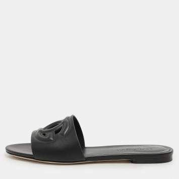 Pre Owned Dolce & Gabbana Black Leather DG Logo Flat Slides Size 40