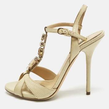 Pre Owned Dolce & Gabbana Beige Lizard Crystal Embellished Ankle Strap Sandals Size 38