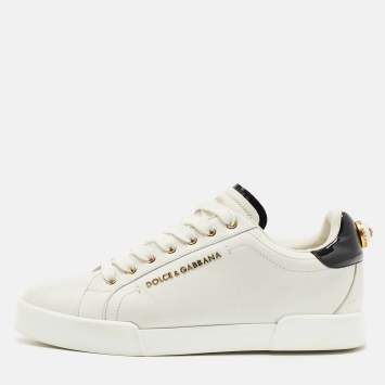 Pre Owned Dolce & Gabbana White Leather Portofino Embellished Low Top Sneakers Size 39.5