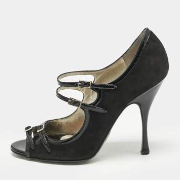 Pre Owned Dolce & Gabbana Black Suede and Patent Leather Mary Jane Pumps Size 37.5