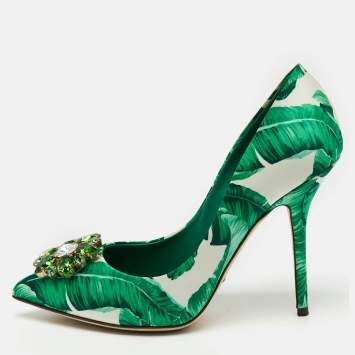 Pre Owned Dolce & Gabbana Multicolor Banana Leaf Print Satin Crystal Embellished Pumps Size 39