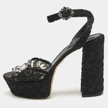 Pre Owned Dolce & Gabbana Black Lace and Mesh Crystal Platform Ankle Strap Sandals Size 40
