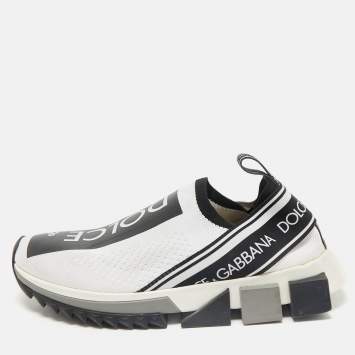 Dolce & Gabbana White/Black Knit Fabric Sorrento Slip On Sneakers Size 37