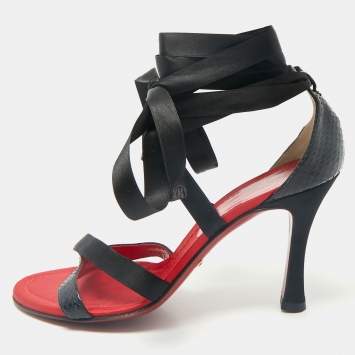 Dolce & Gabbana Black Snakeskin and Satin Ankle Wrap Sandals Size 38.5