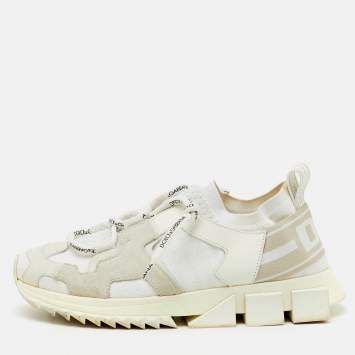 Dolce & Gabbana White Knit Fabric, Suede and Leather Sorrento Lace Up Sneakers Size 36