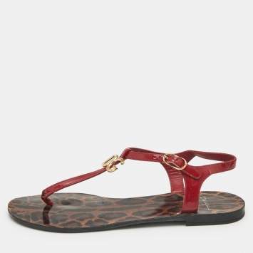 Dolce and Gabbana Red Patent Leather Jelly Bow Thong Flat Sandals Size 40
