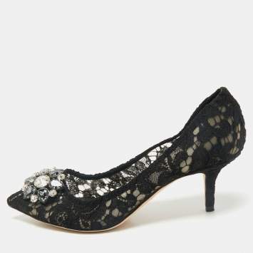 Dolce & Gabbana Black and Lace Bellucci Crystal Embellishment Pumps Size 38.5