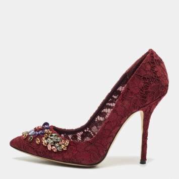 Pre Owned Dolce & Gabbana Burgundy Lace Jewel Embellished Pumps Size 40