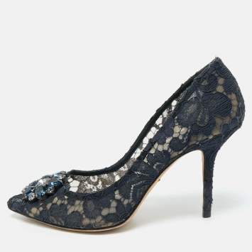 Pre Owned Dolce & Gabbana Navy Blue Lace and Mesh Bellucci Pumps Size 40 