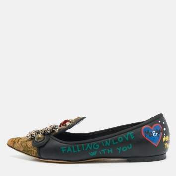 Dolce & Gabbana Black/Gold Leather and Canvas Crystal Embellished Ballet Flat Size 37