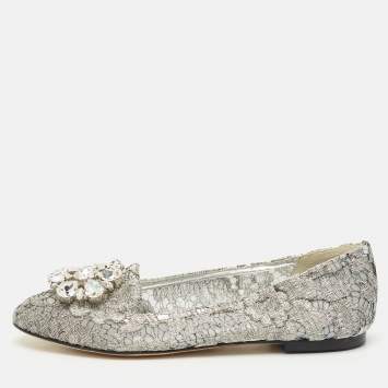 Dolce & Gabbana Silver Lace Crystal Embellished Taormina Ballet Flats Size 37