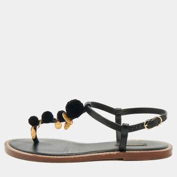 Dolce & Gabbana Black Lizard Embossed Leather Embellished Thong Flats Size 38.5