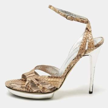 Pre Owned Dolce & Gabbana Brown Python Leather Ankle Strap Sandals Size 36.5