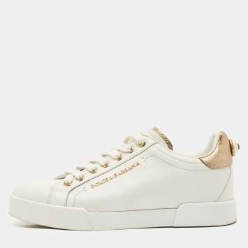 Dolce & Gabbana White Leather Pearl Embellished Portofino Sneakers Size 37