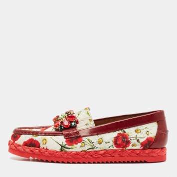 Dolce & Gabbana Red Floral Print Canvas and Leather Palermo Loafers Size 41