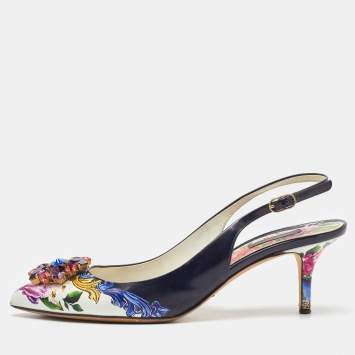 Pre Owned Dolce & Gabbana Multicolor Printed Leather Crystal Embellished Slingback Pumps Size 40