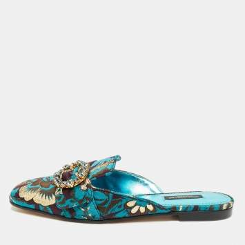 Dolce & Gabbana Blue/Brown Brocade Fabric Crystal Embellished Flat Mules Size 38