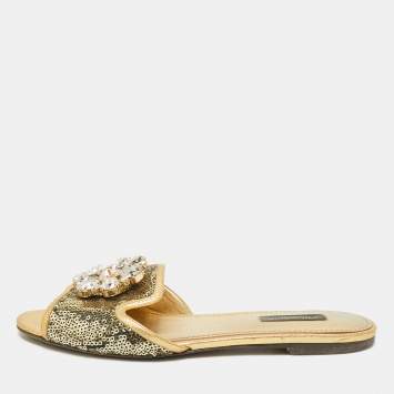 Pre Owned Dolce & Gabbana Gold Sequins and Leather Sofia Crystal Embellished Slide Flat Sandals Size 38.5