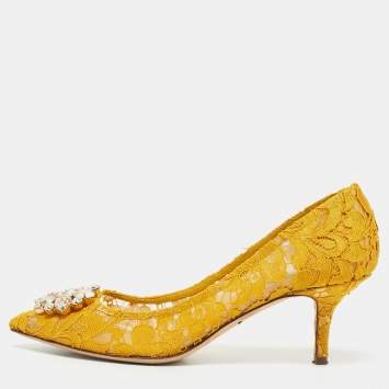 Dolce & Gabbana Yellow Lace and Mesh Bellucci Crystal Embellished Pointed Toe Pumps Size 40