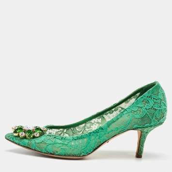 Pre Owned Dolce & Gabbana Green Lace Bellucci Crystal Embellishment Pumps Size 37