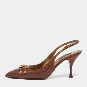 Pre Owned Dolce & Gabbana Brown Leather Logo Pointed Toe Slingback Pumps Size 38