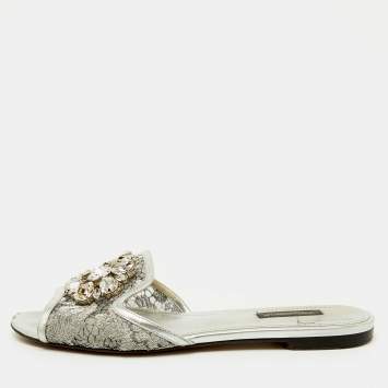 Pre Owned Dolce & Gabbana Silver Mesh and Leather Flat Slides Size 38