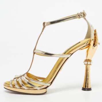 Pre Owned Dolce & Gabbana Gold  Leather Embellished Strappy Sandals Size 38.5