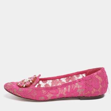 Pre Owned Dolce & Gabbana Pink Lace Crystal Embellished Taormina Ballet Flats Size 38