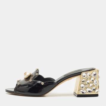 Dolce & Gabbana Black Patent Leather Crystal Embellished Slide Sandals Size 36.5
