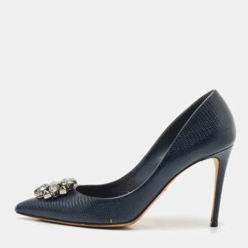 Pre Owned Dolce & Gabbana Navy Blue Lizard Embossed Leather Bellucci Pumps Size 41