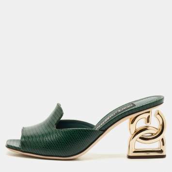 Pre Owned Dolce & Gabbana Green Lizard Embossed Leather Keira Slide Sandals Size 36