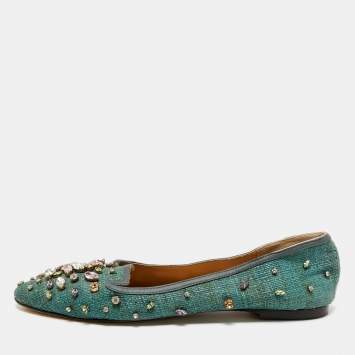 Pre Owned Dolce & Gabbana Green Raffia Crystal Embellished Smoking Slippers Size 40