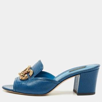 Pre Owned Dolce & Gabbana Blue Lizard Embossed Leather DG Amore Slide Sandals Size 39.5