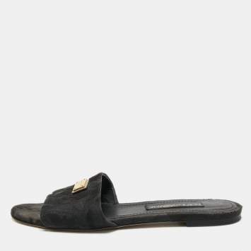 Pre Owned Dolce & Gabbana Black Canvas Flat Slides Size 40.5