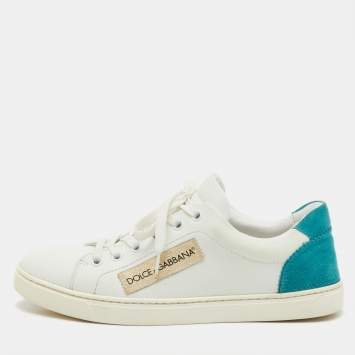 Pre Owned Dolce & Gabbana White/Green Leather and Suede Low Top Sneakers Size 38