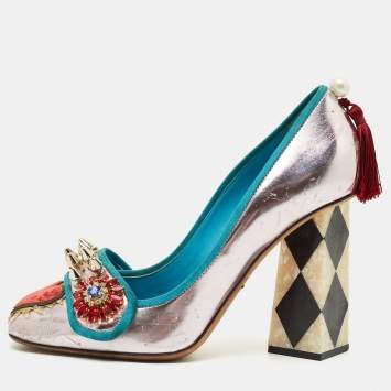 Pre Owned Dolce & Gabbana Multicolor Canvas and Leather Block Heel Pumps Size 38