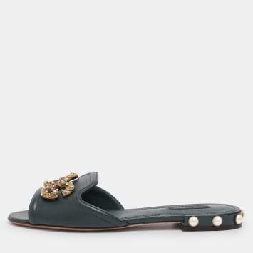 Pre Owned Dolce & Gabbana Green Leather DG Amore Logo Embellished Flat Slide Sandals Size 38