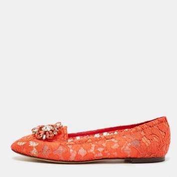 Pre Owned Dolce & Gabbana Red Lace Crystal Embellished Taormina Ballet Flats Size 39