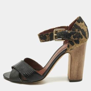Pre Owned Dolce & Gabbana Black/Brown Lizard Embossed Leather and Raffia Ankle Strap Sandals Size 40